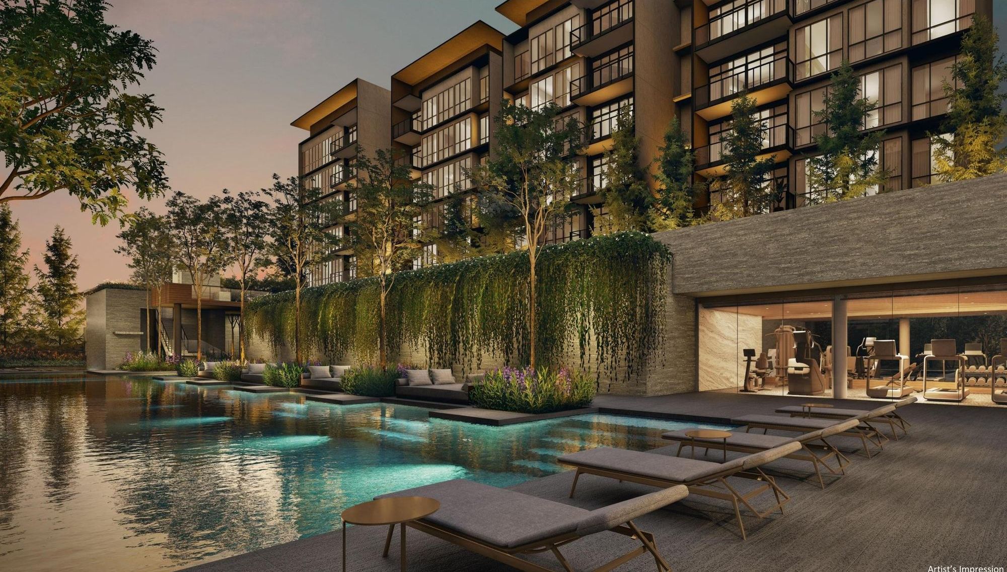 Amberwood At Holland lap pool beside the Fitness Studio at dusk